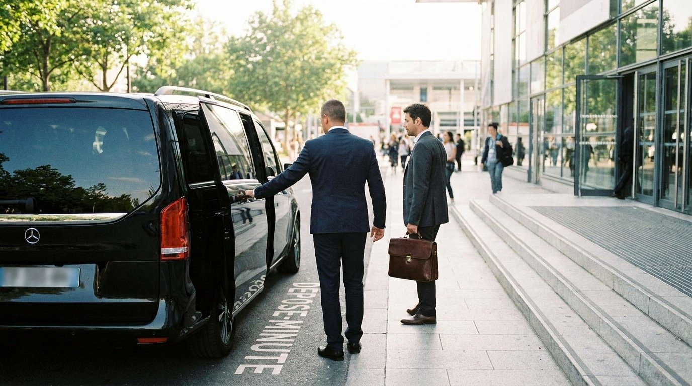 Chauffeur privé déposant un exposant au plus près des halls d'Eurexpo