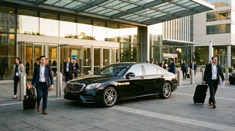 Berline VTC premium devant l'entrée d'Eurexpo Lyon un jour de salon