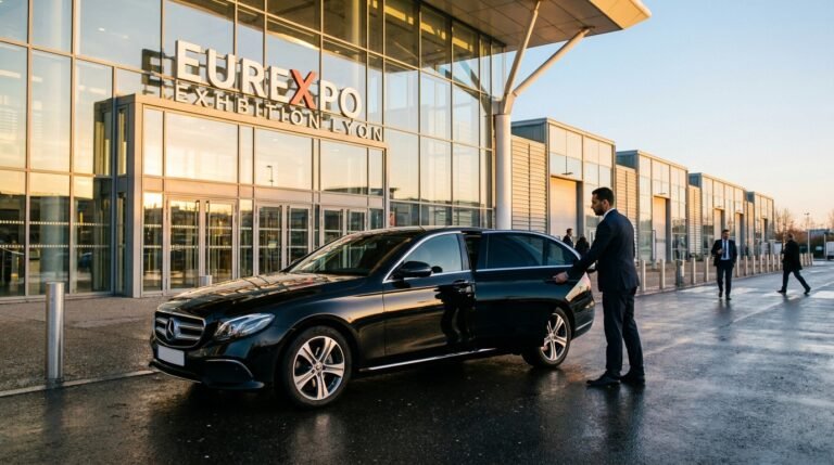 Berline premium avec chauffeur devant le parc des expositions Eurexpo à Lyon