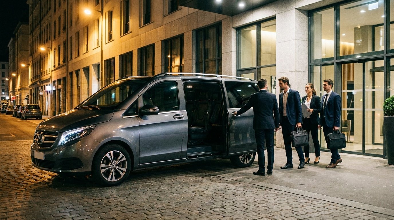 Van Mercedes Classe V avec chauffeur prenant en charge une équipe devant un hôtel à Lyon