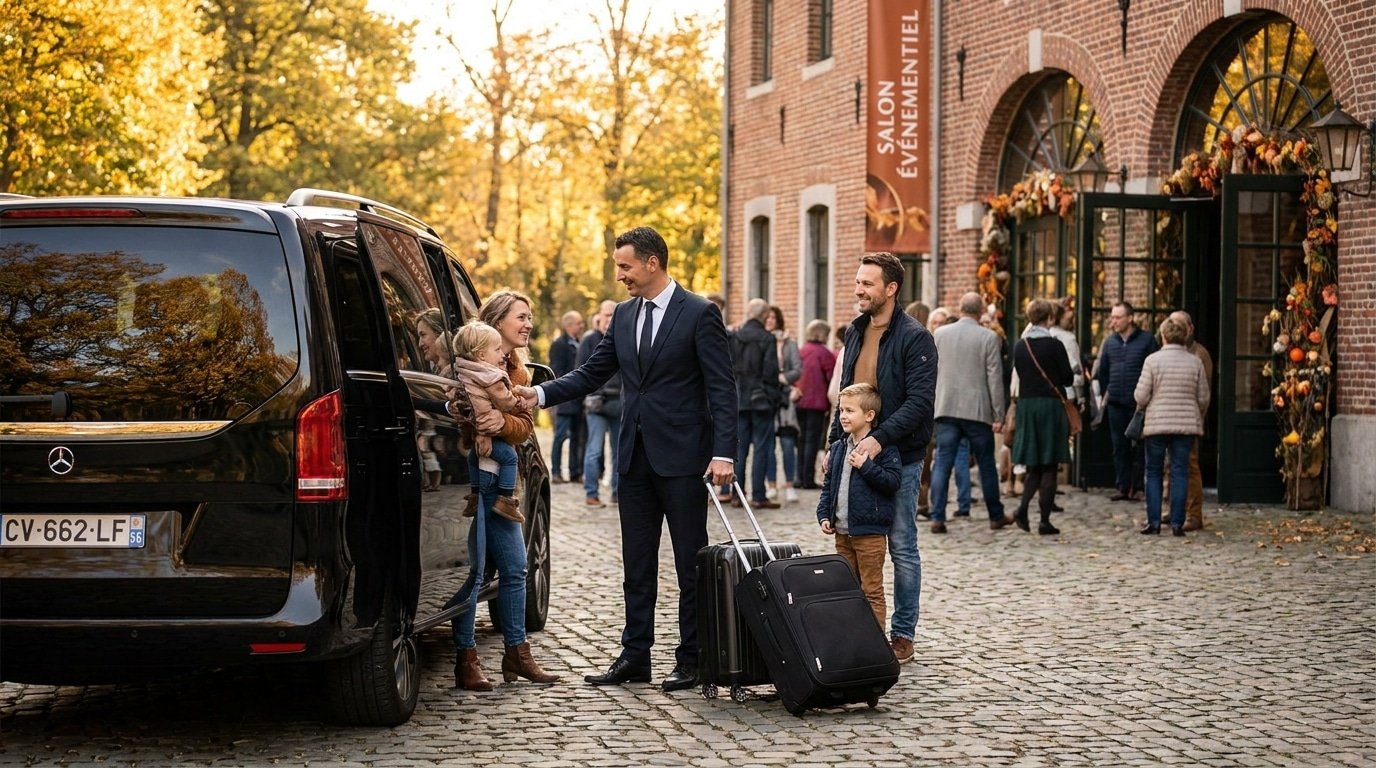 Chauffeur privé déposant une famille et ses bagages à l'entrée du salon Equita Lyon