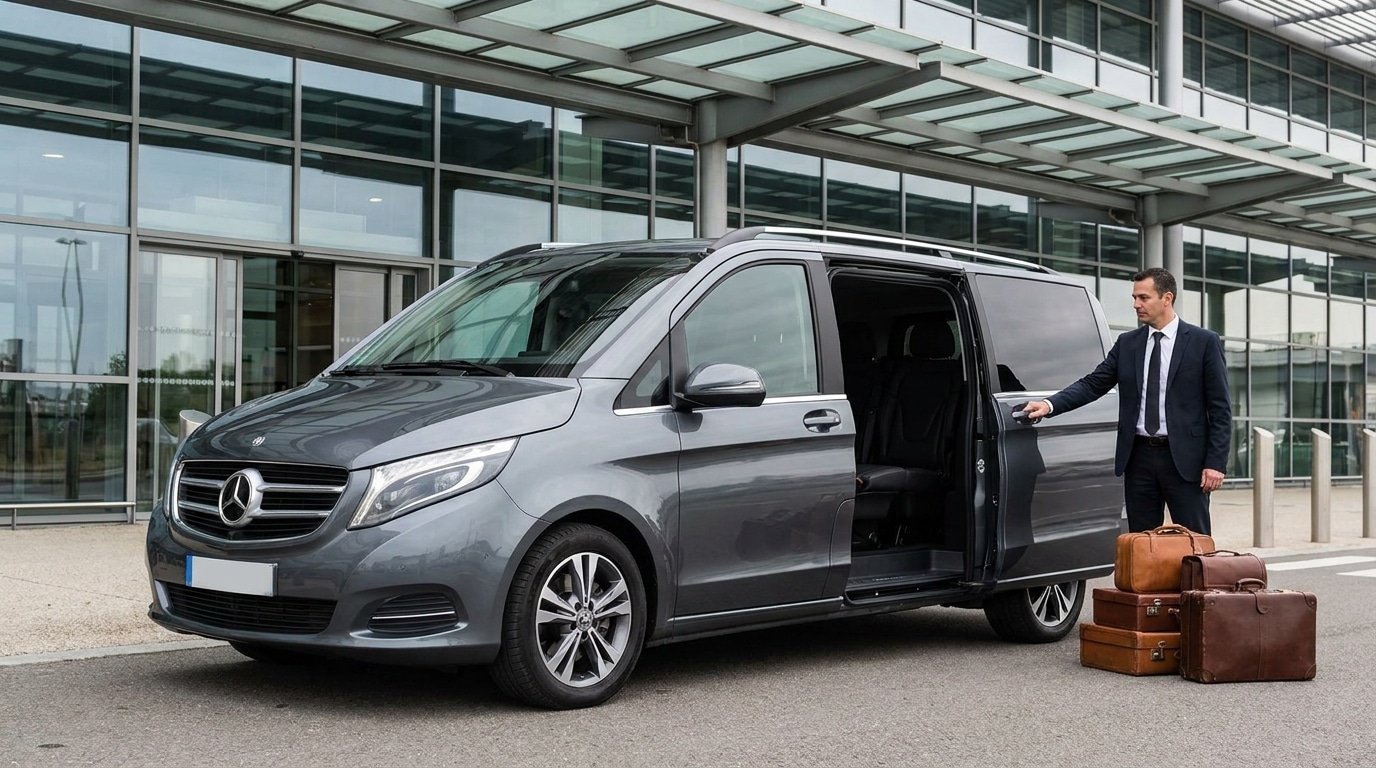 Van Mercedes Classe V VTC attendant des passagers à l'aéroport Lyon-Saint-Exupéry