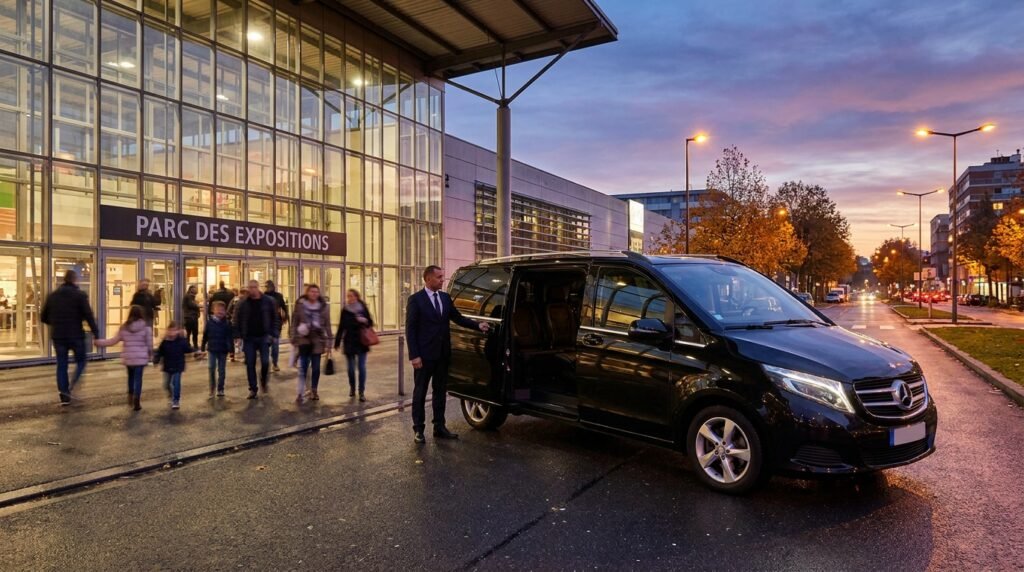 Van Mercedes premium avec chauffeur devant Eurexpo Lyon en soirée pour Equita Lyon