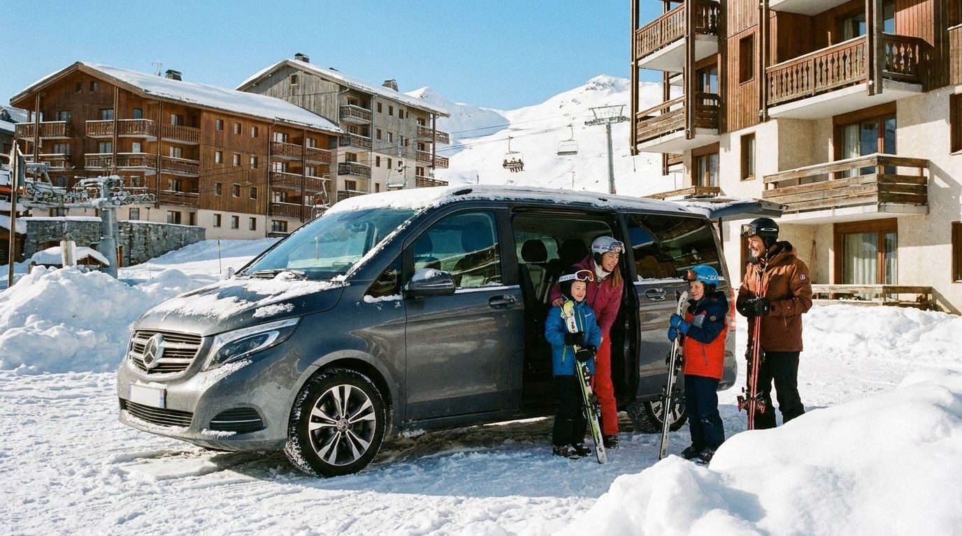 Dépôt d'une famille et de ses skis au pied des pistes d'un front de neige de La Plagne