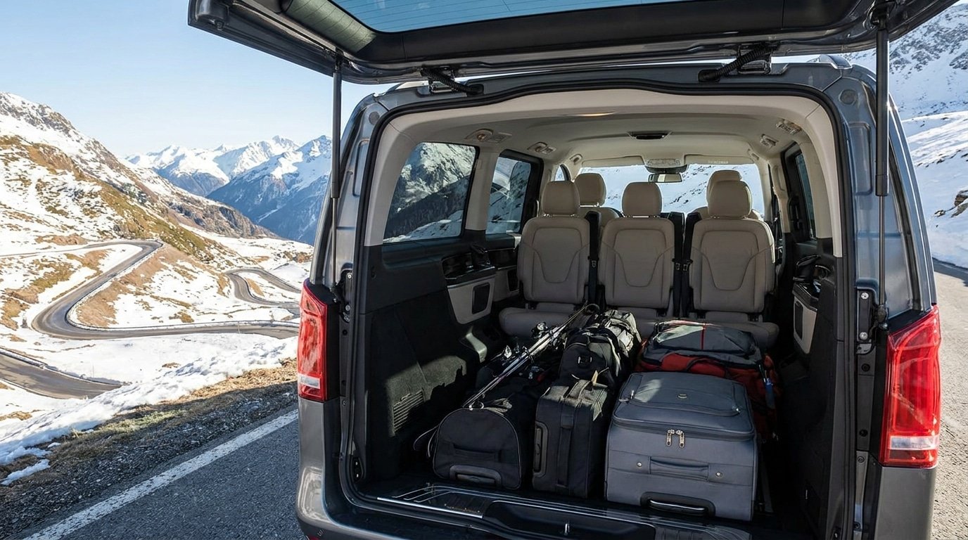 Van premium remontant la vallée de la Tarentaise vers Val d'Isère en conditions hivernales