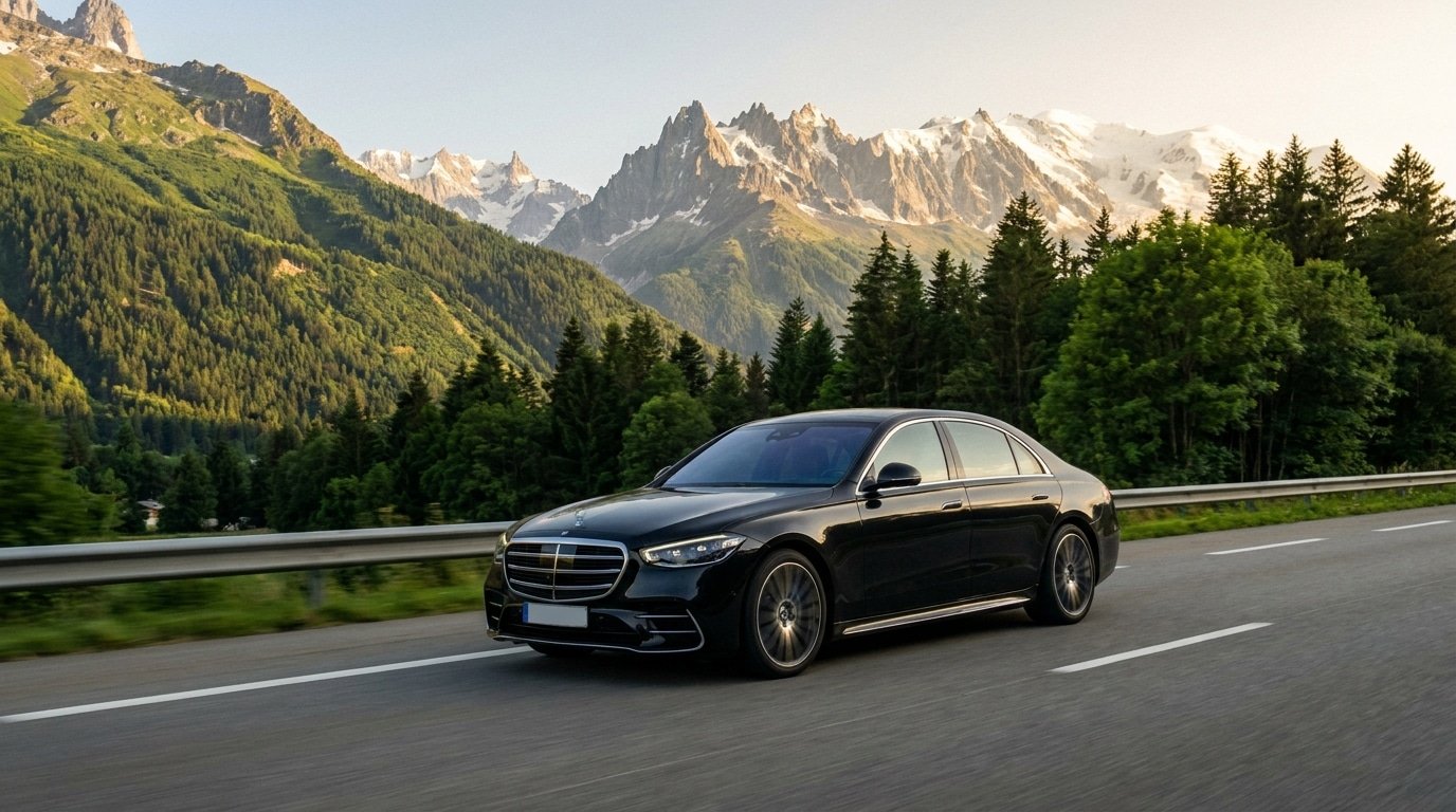 Berline avec chauffeur privé sur la route de la vallée de l'Arve vers Chamonix