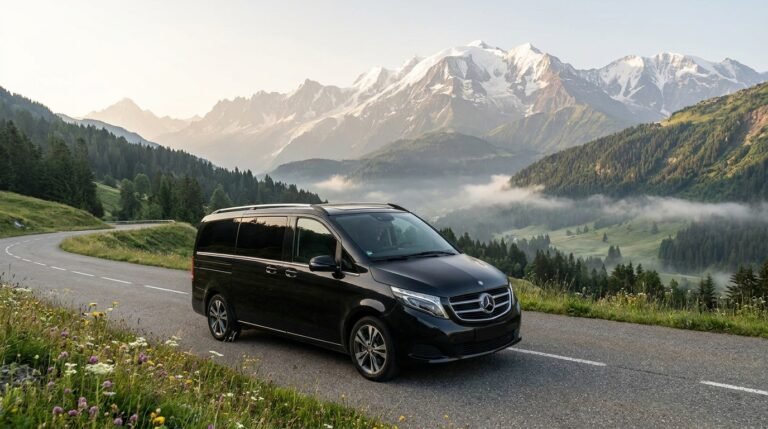 Van Mercedes premium en route vers Chamonix par la vallée de l'Arve