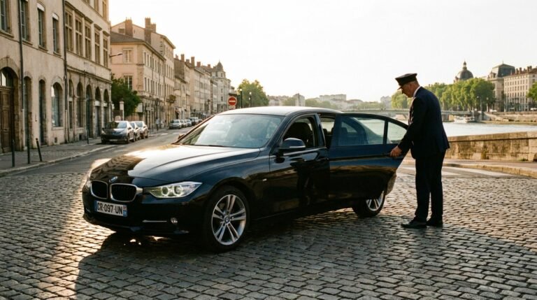 Berline BMW noire avec chauffeur privé dans une rue d'Oullins près de la Saône